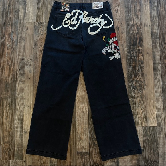 Ed Hardy Denim - Ed Hardy Wide Leg Tattoo Black Jeans Size 30